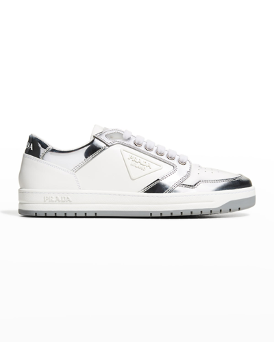 Shop Prada Allacciate 30mm Leather Sneakers In White/gray