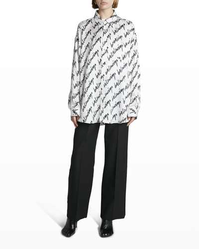 Shop Balenciaga Logo Script-print Oversized Silk Blouse In Blancnoir