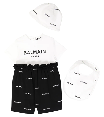 Shop Balmain Baby Cotton Onesie, Hat And Bib Set In Bianco/nero