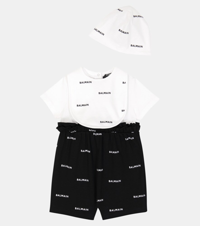 Shop Balmain Baby Cotton Onesie, Hat And Bib Set In Bianco/nero