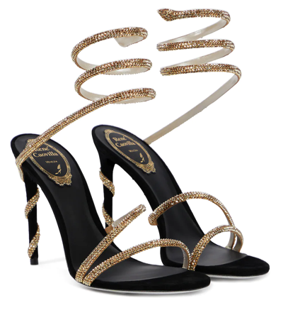 Shop René Caovilla Margot Embellished Suede Sandals In Gold Satin-black Suede/metalli