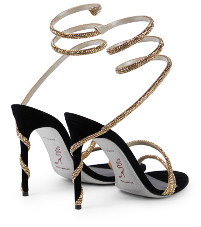 René Caovilla Margot 105mm Crystal-embellished Sandals In Gold Satin-black Suede/metalli