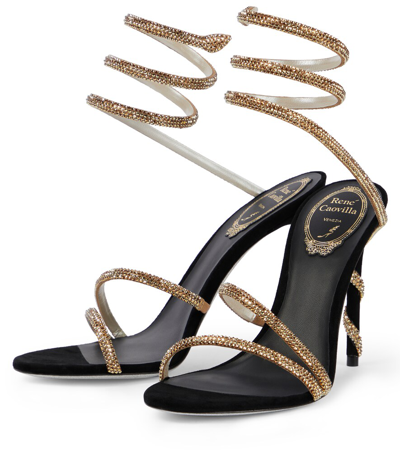 René Caovilla Margot 105mm Crystal-embellished Sandals In Gold Satin-black Suede/metalli