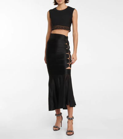 Shop Alaïa Mesh-insert Lace-up Midi Skirt In Black