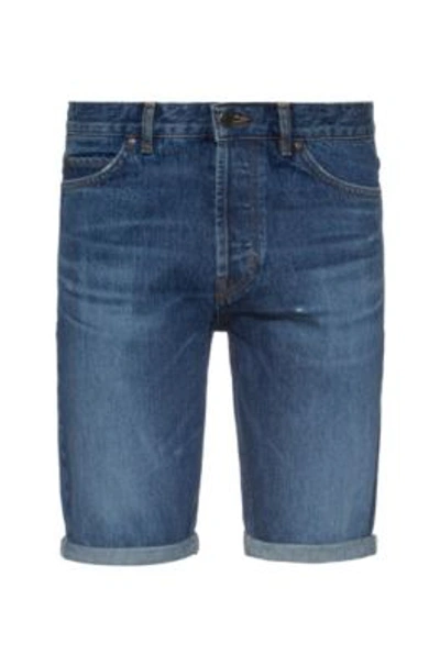 Shop Hugo Blue Tapered-fit Denim Shorts With Manifesto Logo Patch- Blue Men's Jeans Size 32