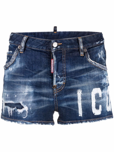 Shop Dsquared2 Faded Distressed Denim Shorts In Blue