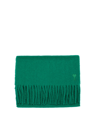 Shop Ami Alexandre Mattiussi Ami Ami De Coeur Embroidered Fringed Scarf In Green