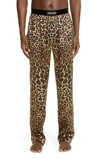 Shop Tom Ford Leopard Print Stretch Silk Pajama Pants In Caramel