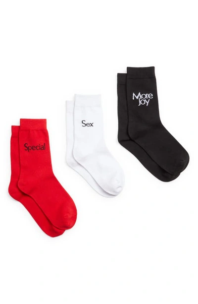 Shop More Joy Slogan 3-pack Cotton Socks In Black/ Red/ White