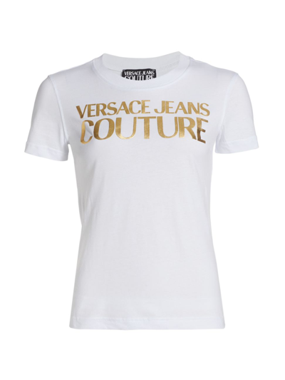 Shop Versace Jeans Couture Women's Metallic Logo T-shirt In White Gold