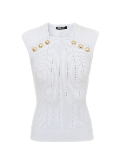 Shop Balmain Women's Button-embellished Knit Top In Blanc