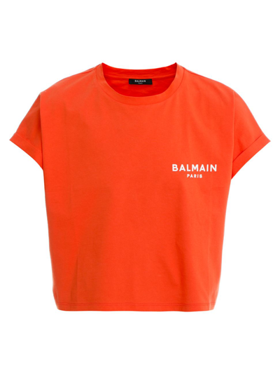 Shop Balmain Cropped Logo T-shirt In Orange