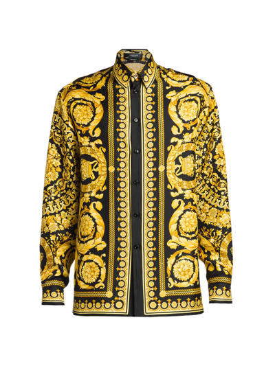 Shop Versace Men's Printed Long-sleeve Silk Shirt In Black Gold