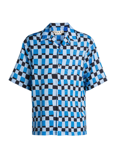 Shop Marni Logo-print Bowling Shirt In Powder Blue