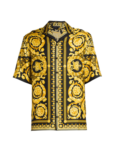 Shop Versace Men's Printed Silk Shirt In Black Gold