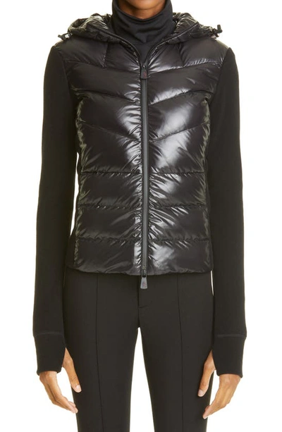 Shop Moncler Quilted 750 Fill Power Down & Fleece Hooded Cardigan In Black