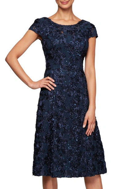 Alex Evenings Tea Length A-line Rosette Dress In Blue | ModeSens