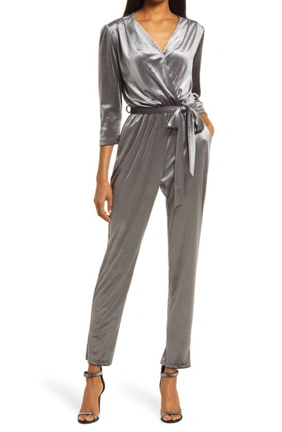 Fraiche By J Velvet Tie Waist Jumpsuit In Charcoal