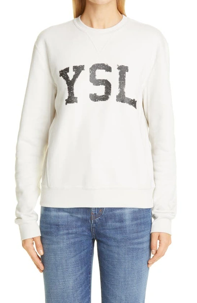 Shop Saint Laurent Varsity Ysl Logo Cotton Sweatshirt In 9766 Dirty Ecru/ Noir