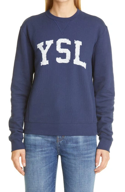 Shop Saint Laurent Varsity Ysl Logo Cotton Sweatshirt In 4201 Bleu Marine Delave/ N