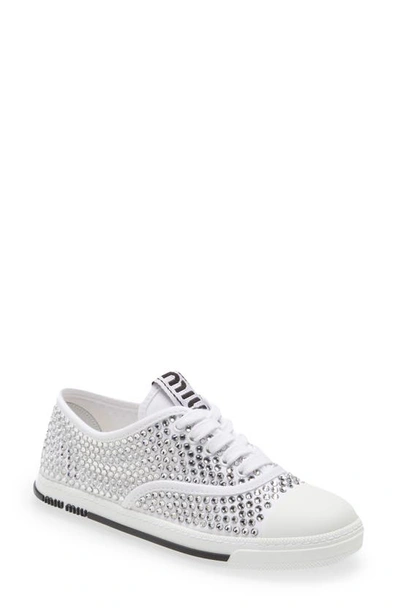 Shop Miu Miu Crystal Embellished Low Top Sneaker In Bianco