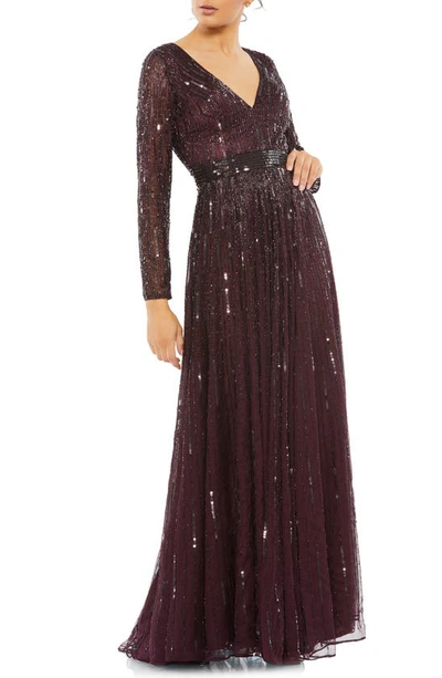 Shop Mac Duggal Sequin & Bead Stripe Long Sleeve Mesh Gown In Mulberry