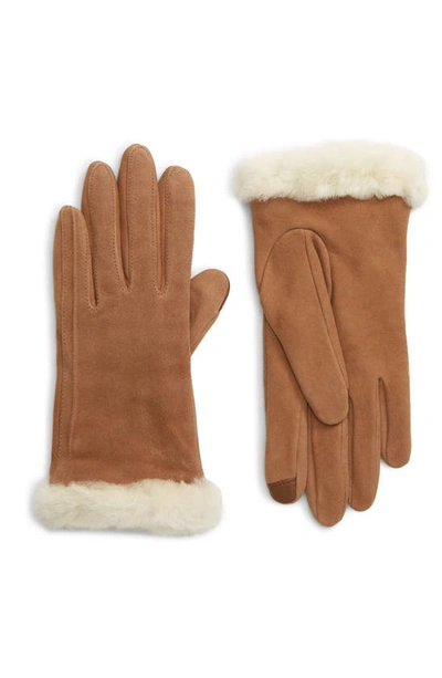 Shop Ugg Genuine Shearling Trim Suede Tech Gloves In Chestnut