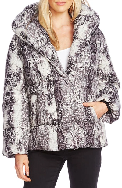 Shop Vince Camuto Demure Snake Print Hooded Puffer Coat In Rich Black