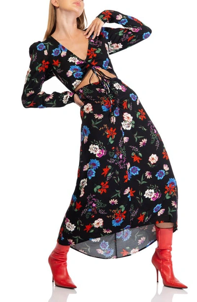 Shop Afrm Midori Floral Cinched Front Long Sleeve Midi Dress In Fall Noir Floral