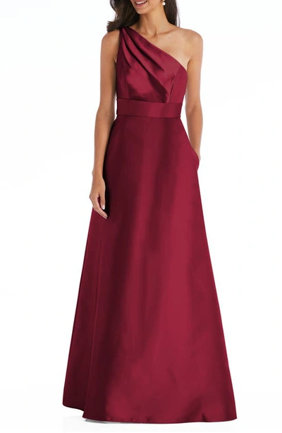 Shop Alfred Sung One-shoulder A-line Gown In Burgundy