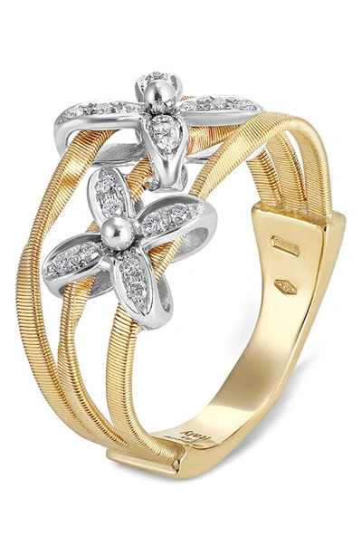 Shop Marco Bicego Marrakech Onde 18k Yellow & White Gold With Diamond Flowers Ring In Yellow Gold/ White Gold