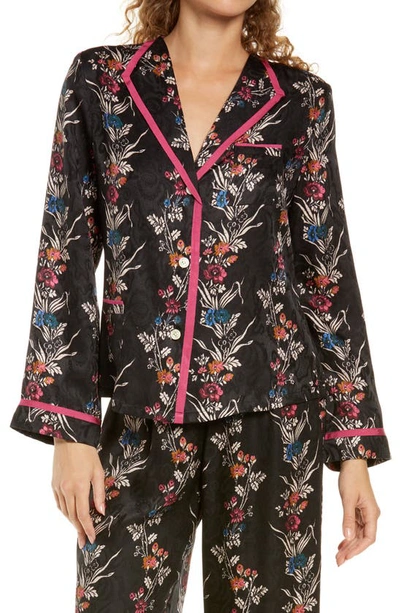 Morgan Lane Floral Jacquard Pajama Shirt In Noir