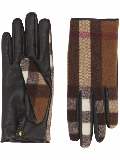Shop Burberry Check-panel Leather Gloves In Braun