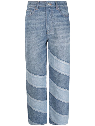 Shop Ganni Diagonal-stripe Denim Jeans In Blue