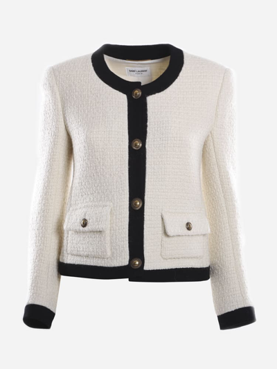 Shop Saint Laurent Wool Tweed Jacket With Contrasting Profiles In Ivory