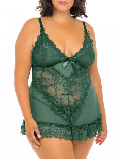 Shop Oh La La Cheri Plus Size Valentine Lace Babydoll Set In Dark Green