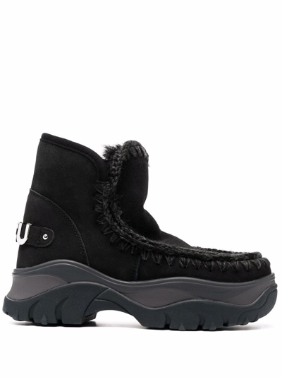 Mou Chunky Eskimo Sneake Low Heels Ankle Boots In Black Leather In Schwarz