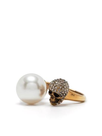 Shop Alexander Mcqueen Pearl-embellished Skull Ring In Metallisch