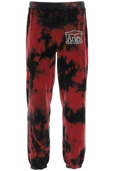 Shop Aries Rhinestone Logo Velour Sweatpants In Red,black