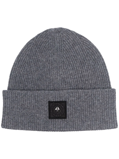 Shop Moose Knuckles Logo Patch Beanie In Grau