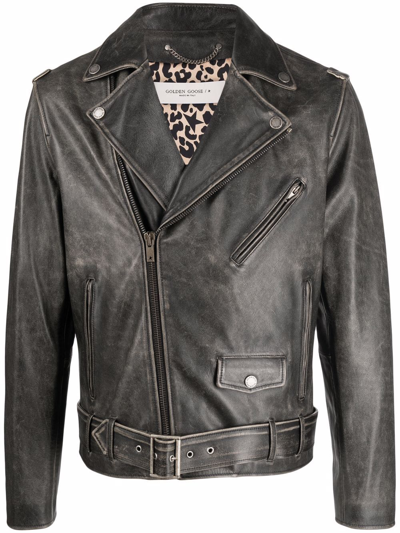 Shop Golden Goose Leather Biker Jacket In Black