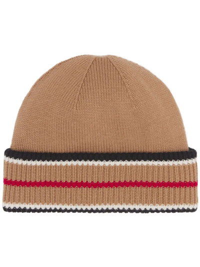 Shop Burberry Icon Stripe Beanie Hat In Neutrals