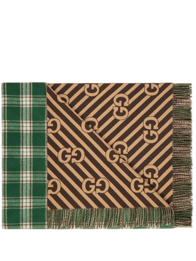 Shop Gucci Gg Checked Wool Blanket In Green