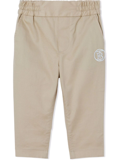 Shop Burberry Embroidered Monogram Trousers In Neutrals