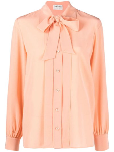 Shop Saint Laurent Pussy-bow Collar Blouse In Orange