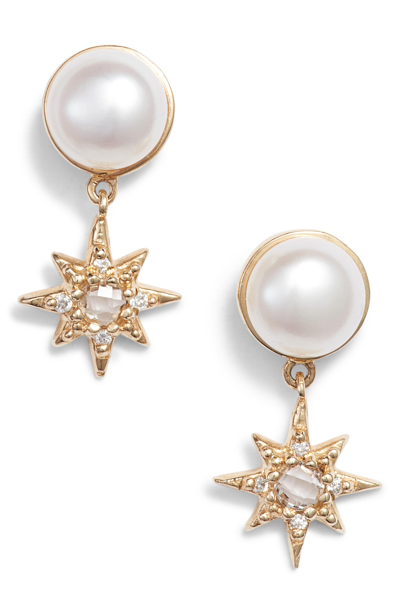 Shop Anzie Pearl & Diamond Drop Earrings In Gold/ Pearl/ Topaz