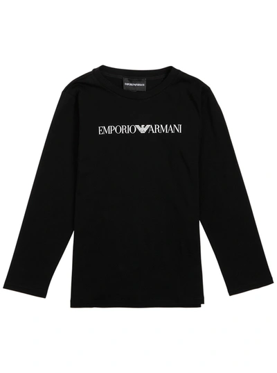 Shop Emporio Armani Black Long-sleeved Cotton T-shirt With Logo Print