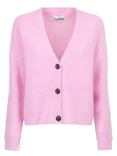 Shop Ganni V-neck Cardigan In Pink