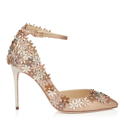 Jimmy Choo Lorelai 100 Nude Fine Glitter Fabric Pumps With Champagne Flower Mix Embellishment In Nude/champagne Mix