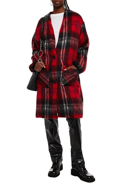 Shop Amiri Checked Brushed Mohair-blend Coat In Red